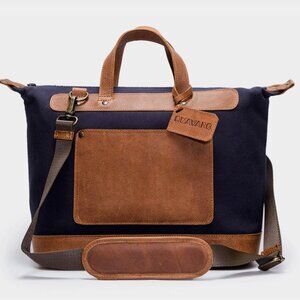 Large Blue Handmade Leather & Canvas Quavaro Weekender Bag, originally $215